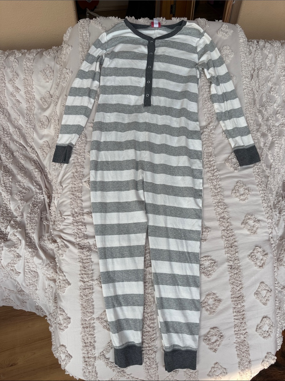 Juniors Gray and White Striped One-Piece Pajamas